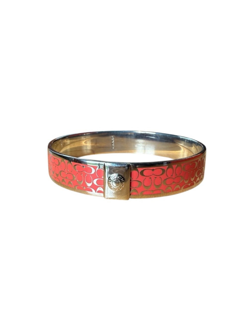 Coach Signature Pink Coral Enamel Bangle Bracelet Silver Tone Logo